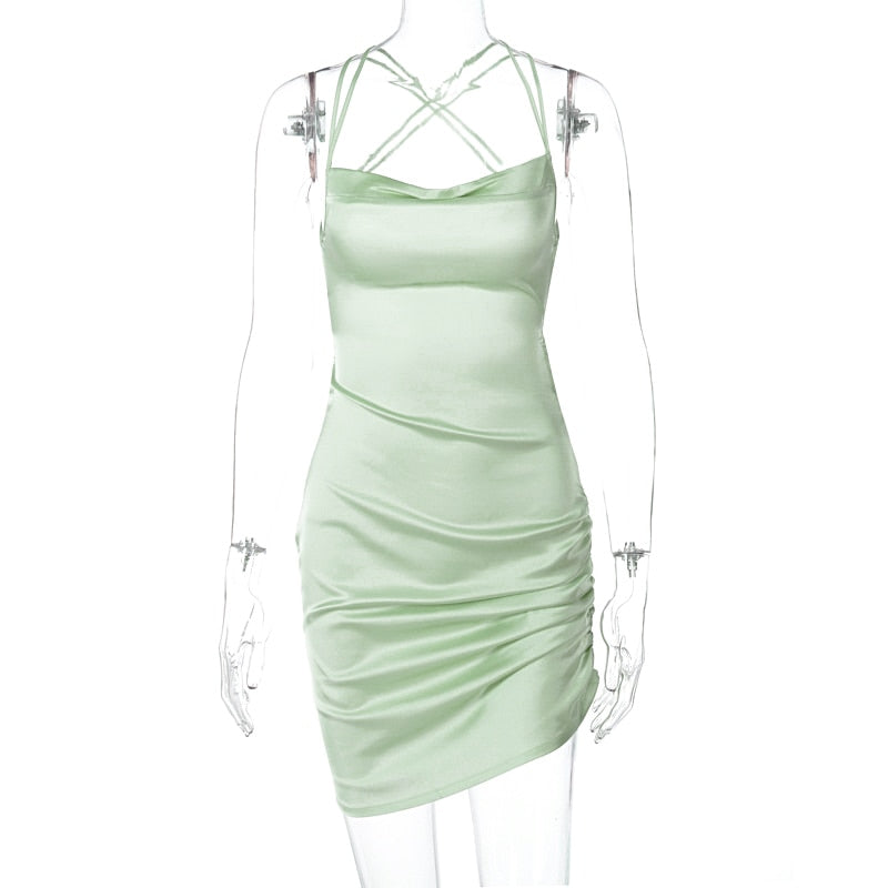 Satin Women Strap Mini Dress Ruched Lace Up Cross Bandage Backless Bodycon Sexy Party Elegant by nowadaysfashion