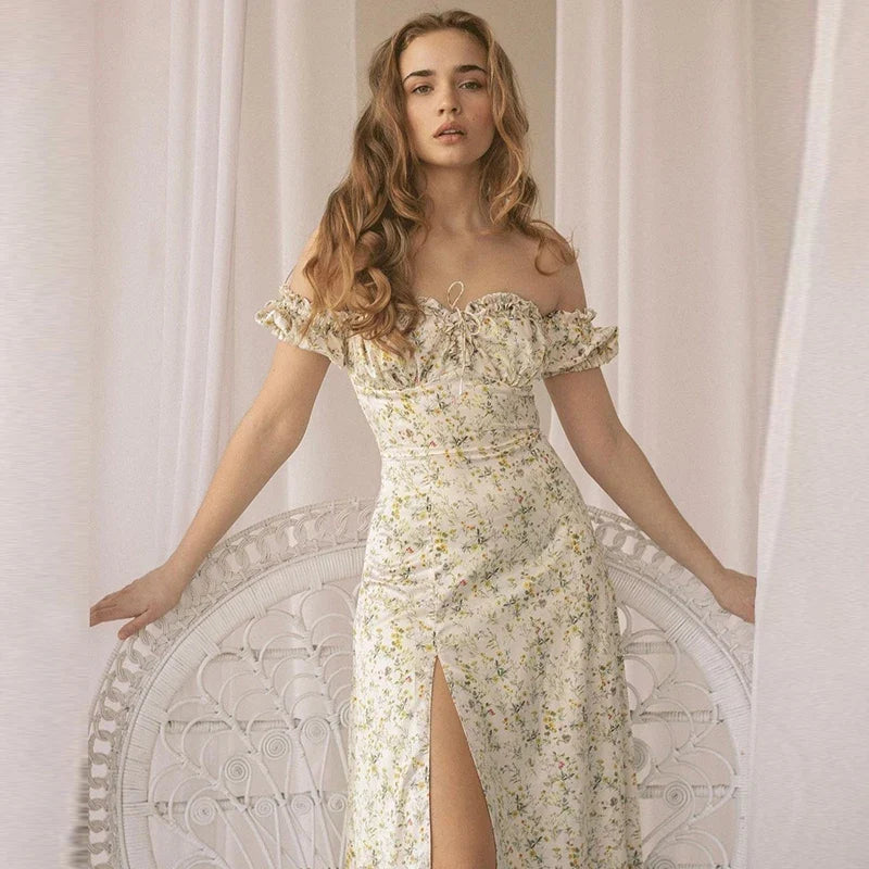 Summer Floral Off Shoulder Puff Sleeve Maxi Dress by nowadaysfashion