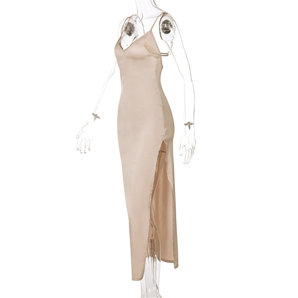 Spring Summer Women Satin Silky Spaghetti Strap Split Long Dress Elegant Sleeveless Backless Sexy Vestito by nowadaysfashion