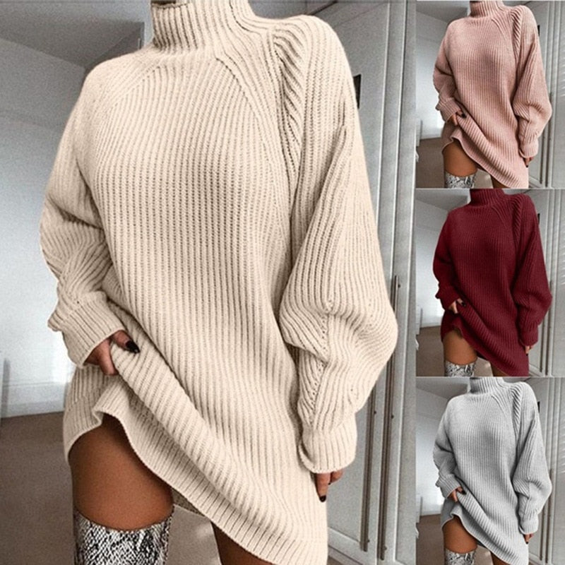 Women Turtleneck Oversized Knitted Dress Solid Long Sleeve Casual Elegant Mini Sweater Dress Plus Size by nowadaysfashion