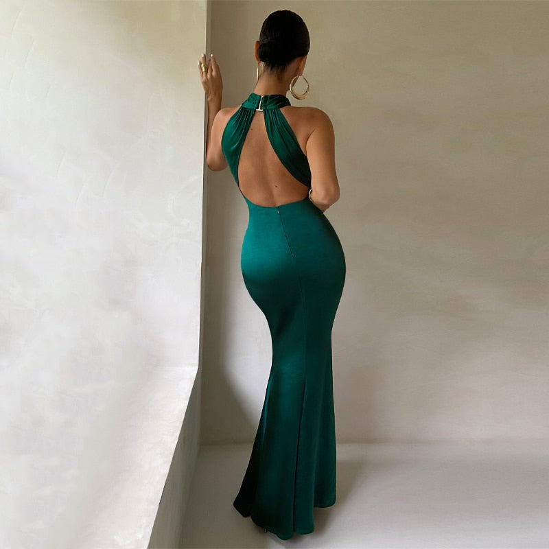 Solid Satin Halter Sleeveless Slim Bodycon Maxi Dress by nowadaysfashion