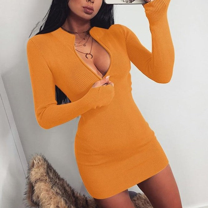 Bodycon Ribbed Dress Stand Collar Zipper Deep V-neck Solid Stretch Mini Vestido by nowadaysfashion
