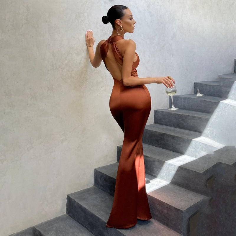 Solid Satin Halter Sleeveless Slim Bodycon Maxi Dress by nowadaysfashion