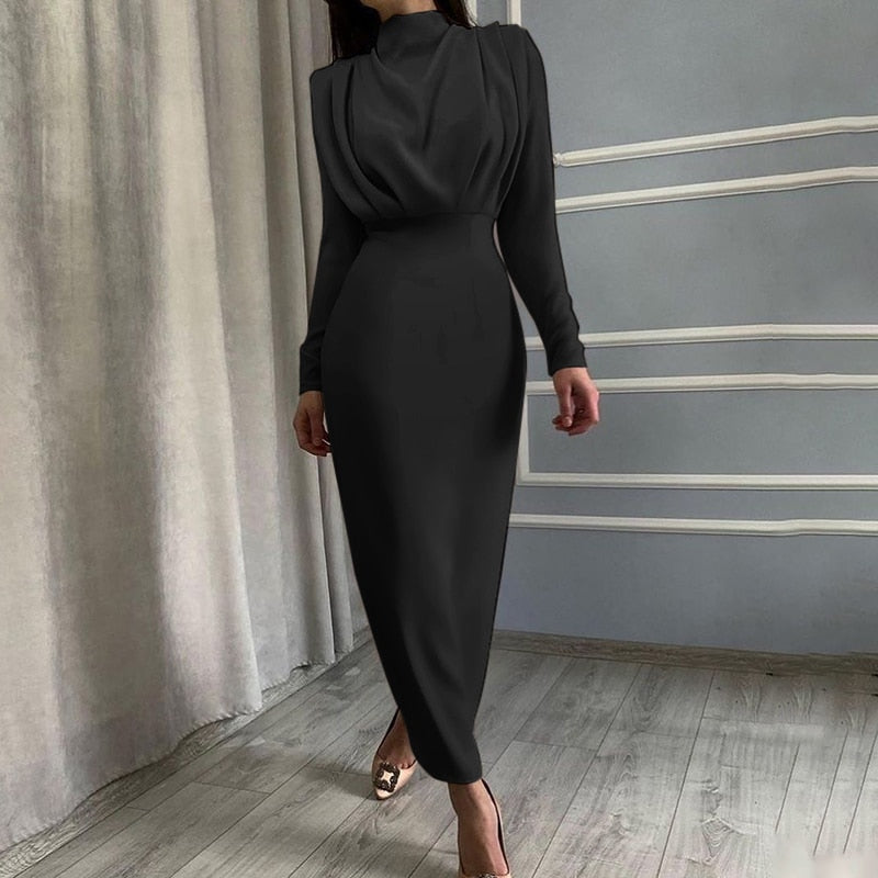 Elegant Women Dress Stand Collar Slim Waist Solid Ankle Length Autumn Long Sleeve Dress by nowadaysfashion