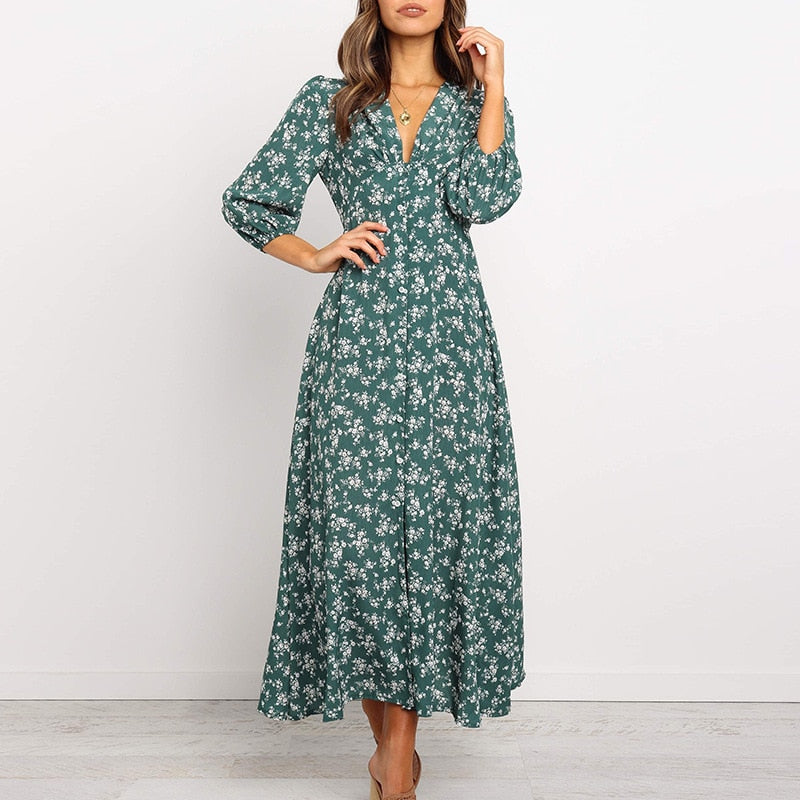 Women Chiffon Long Dress Floral Print Lantern Sleeve A-line Maxi Vestidos Vintage V Neck Dresses by nowadaysfashion