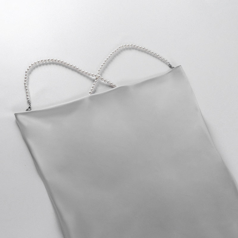 Silk Strap Mini Dresses Backless Solid Color Criss Front Pearl Sexy Summer Sexy Party by nowadaysfashion