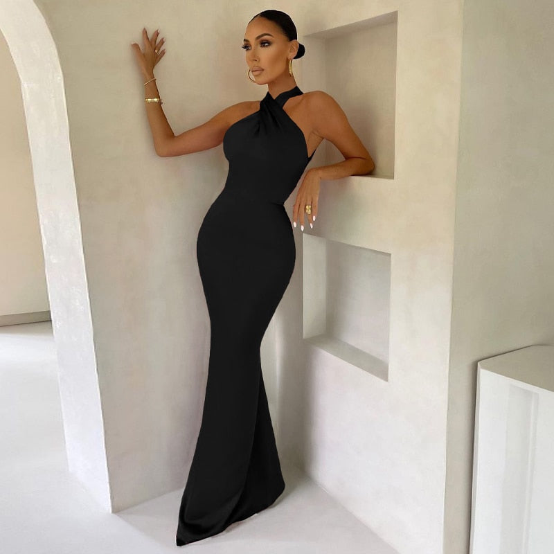 Solid Satin Halter Sleeveless Slim Bodycon Maxi Dress by nowadaysfashion