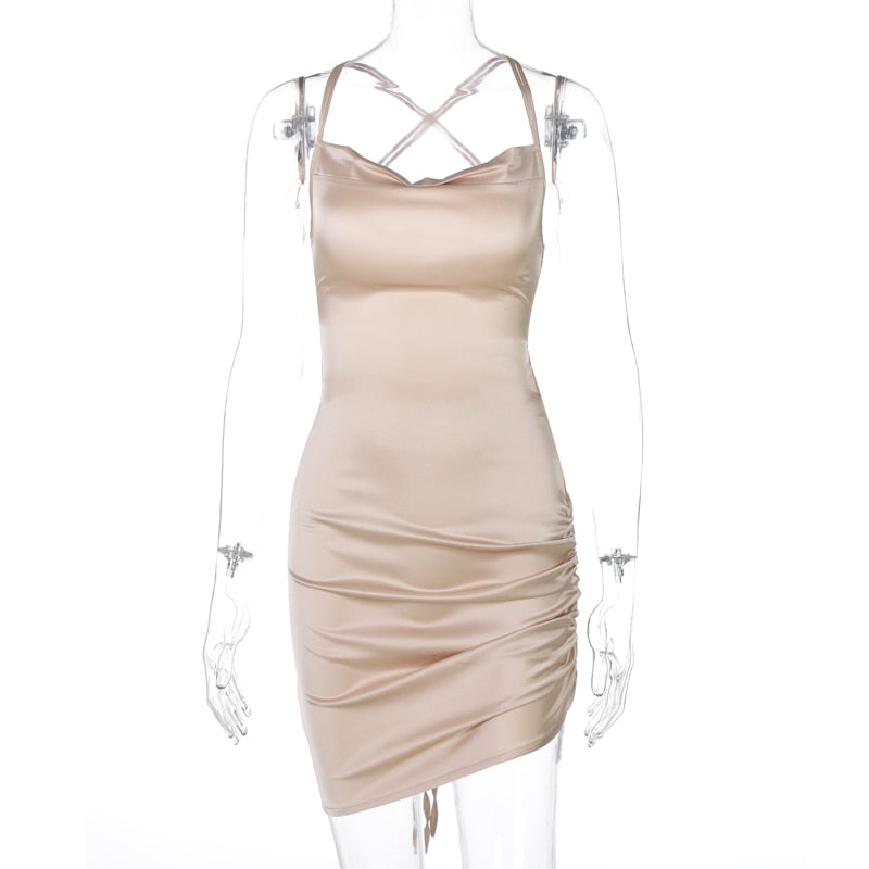 Satin Women Strap Mini Dress Ruched Lace Up Cross Bandage Backless Bodycon Sexy Party Elegant by nowadaysfashion