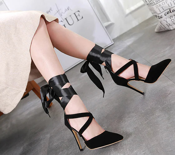 Comfortable Ribbon Sexy Pointed Toe Heeled Sandals by Trendy Attic Store01