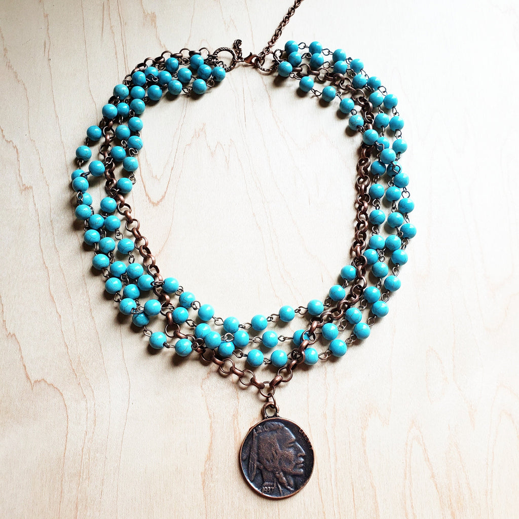 Blue Turquoise Collar-Length Necklace w/ Indian Buffalo Coin 114E by The Jewelry Junkie
