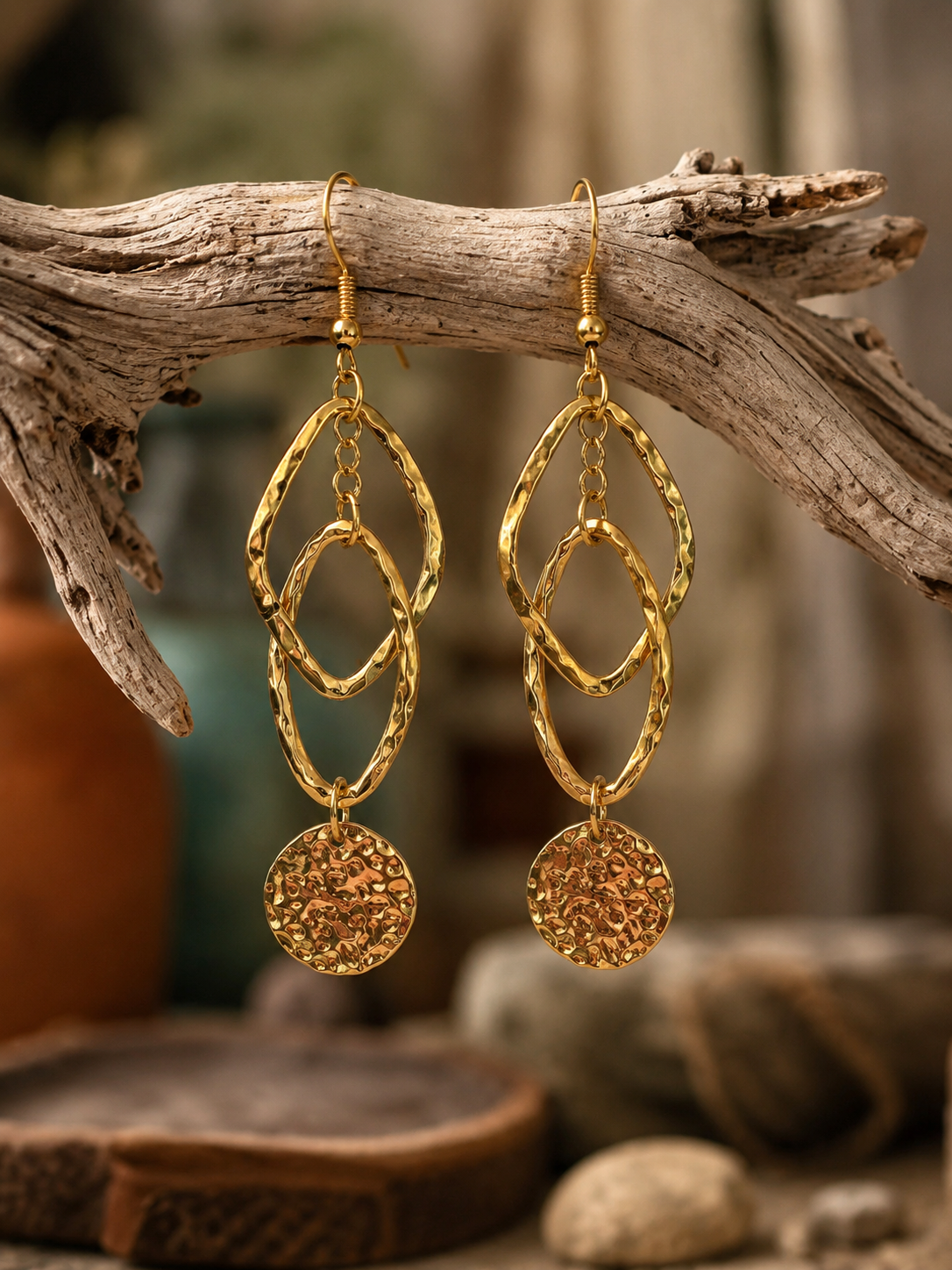 Golden Horizon Hammered Dangle Earrings by Macee Rose Trading Company