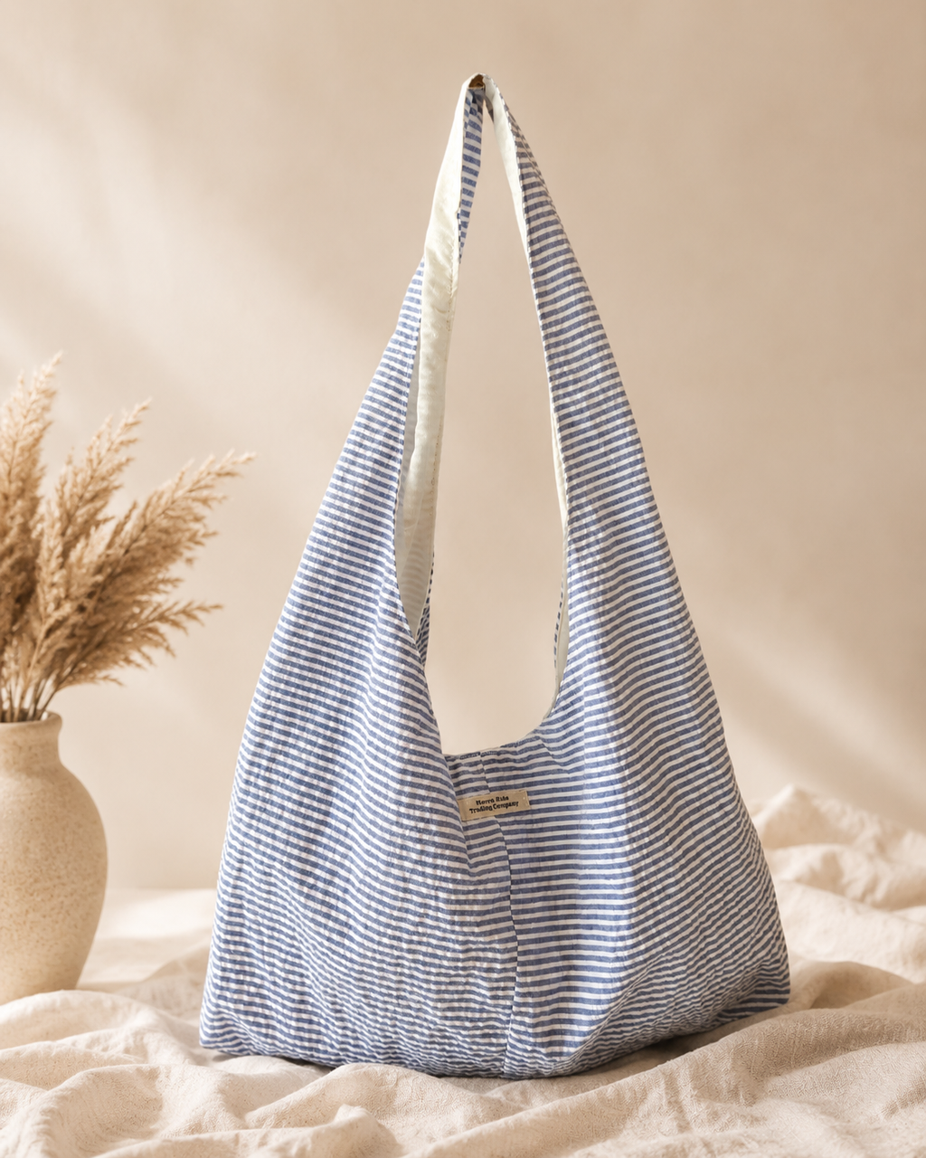 Blue & White Stripe Twist Handle Hobo Bag | Coastal Boho Shoulder Purse by Macee Rose Trading Company