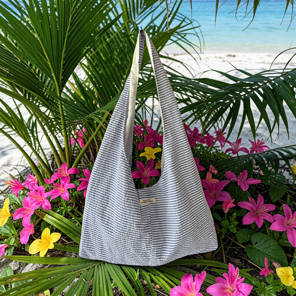 Blue & White Stripe Twist Handle Hobo Bag | Coastal Boho Shoulder Purse by Macee Rose Trading Company