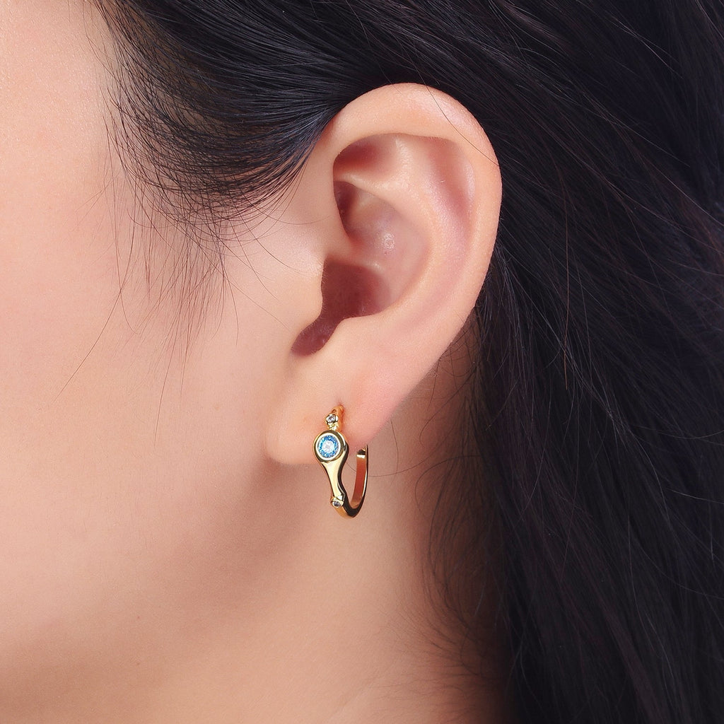 Gold Blue CZ Round Geometric 20mm C-Shaped Hoops Earrings | AD199 by DLUXCA