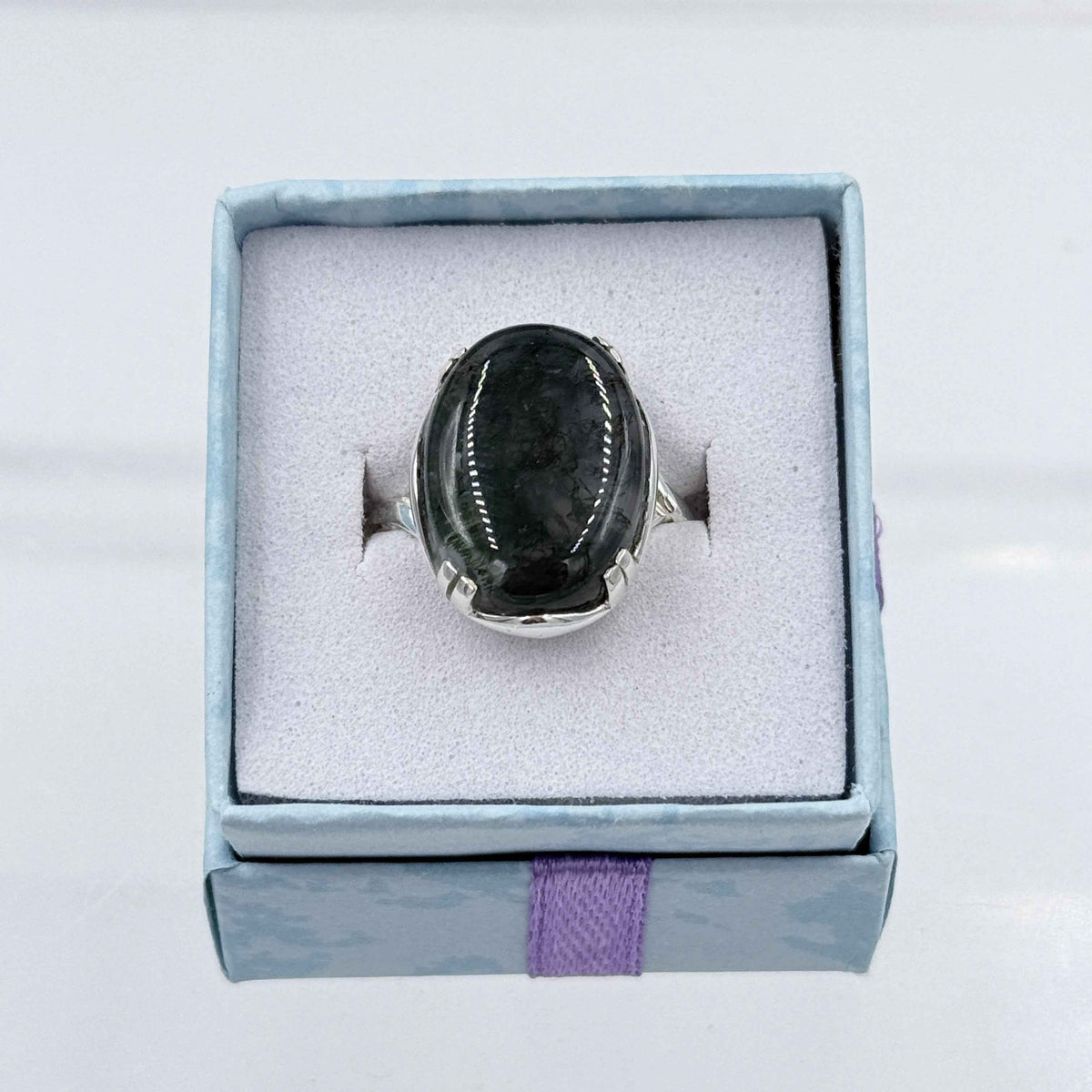 Sterling Silver Cross Banded Oval Moss Agate Ring - Size 10 - Grounding, Nurturing & Growth by Sacred Crystals