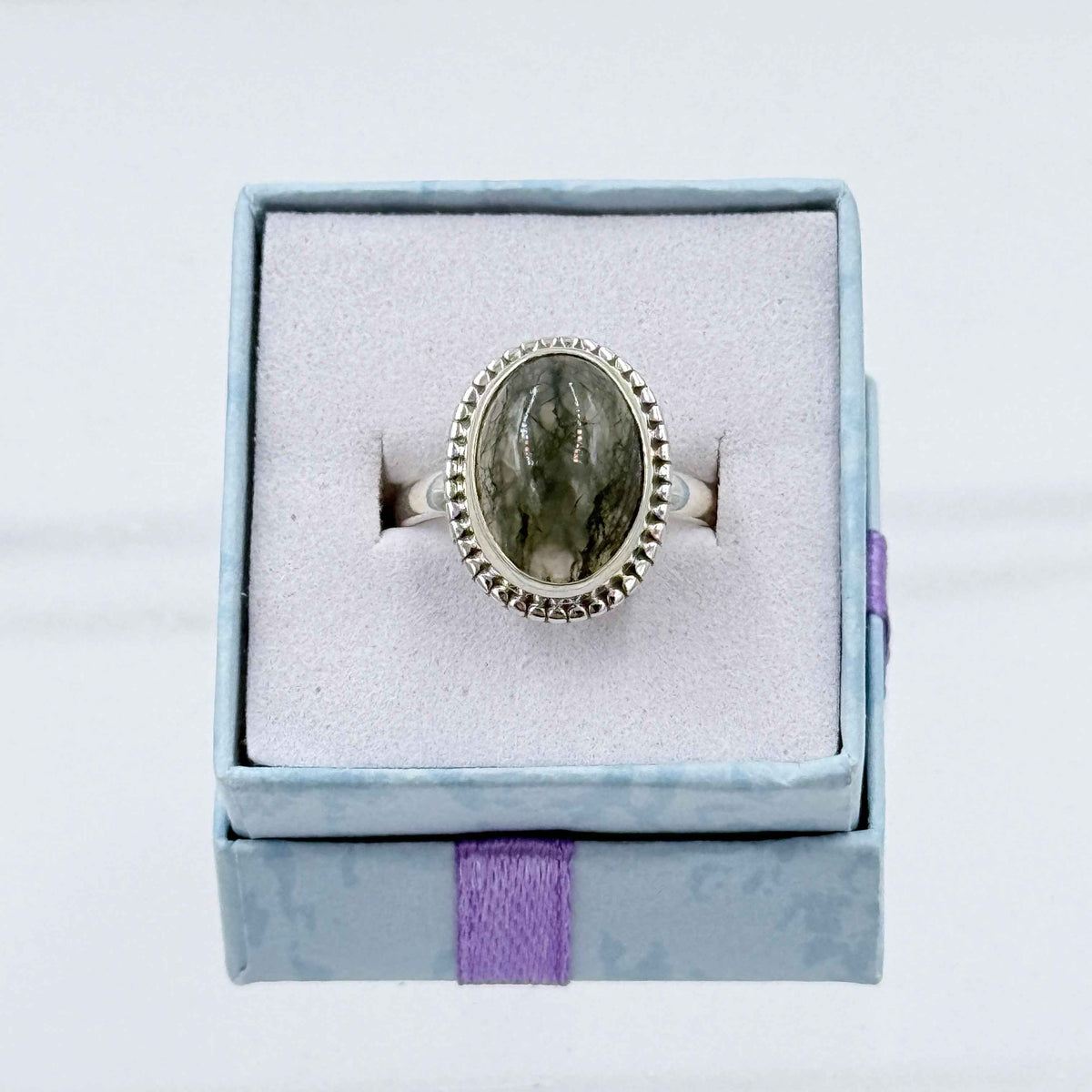 Sterling Silver Bezeled Oval Moss Agate Ring - Size 8 - Grounding, Nurturing & Growth by Sacred Crystals