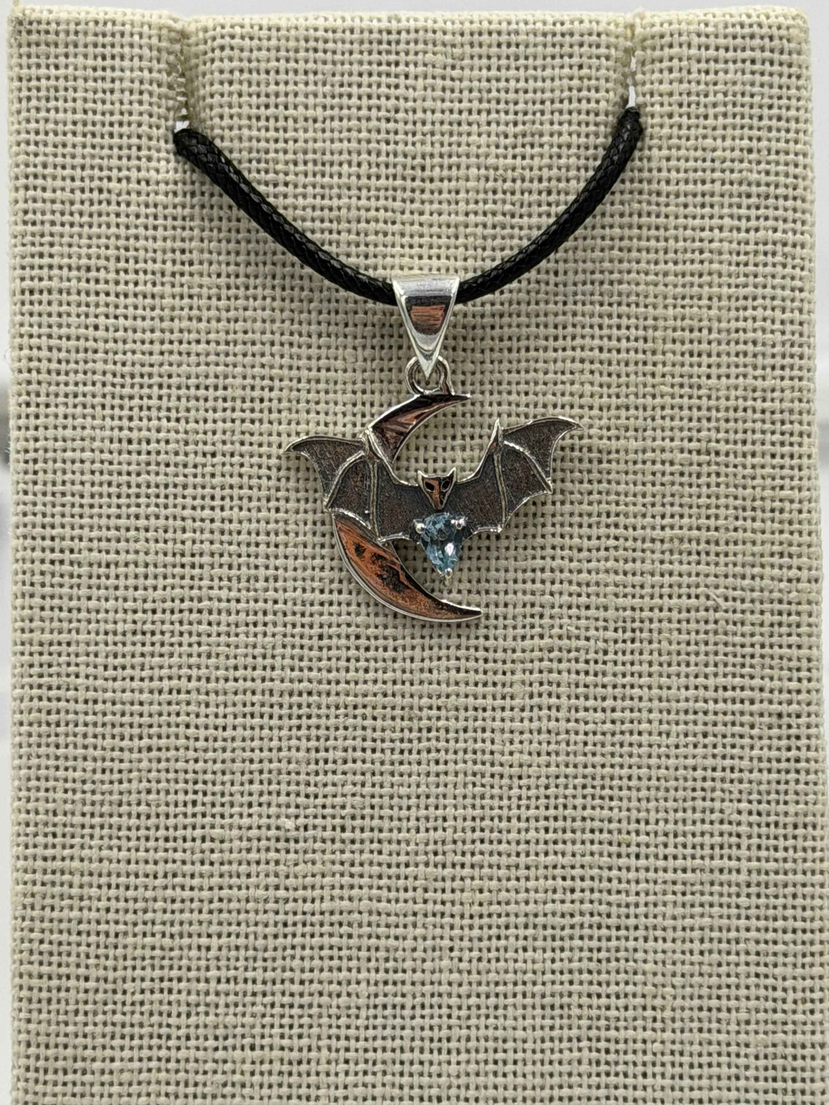 Sterling Silver Bat on Crescent Moon Aquamarine Pendant by Sacred Crystals