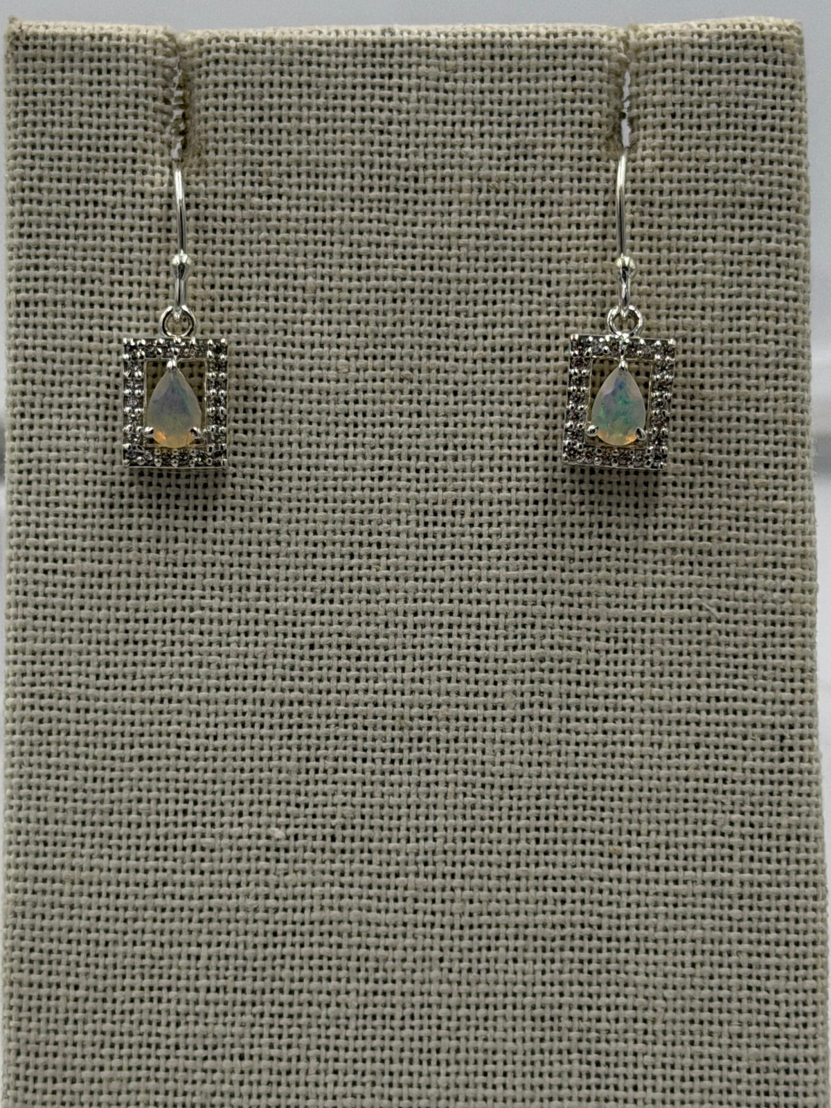 Sterling Silver Sparkled Square with Teardrop Ethiopian Opal Dangle Earrings by Sacred Crystals