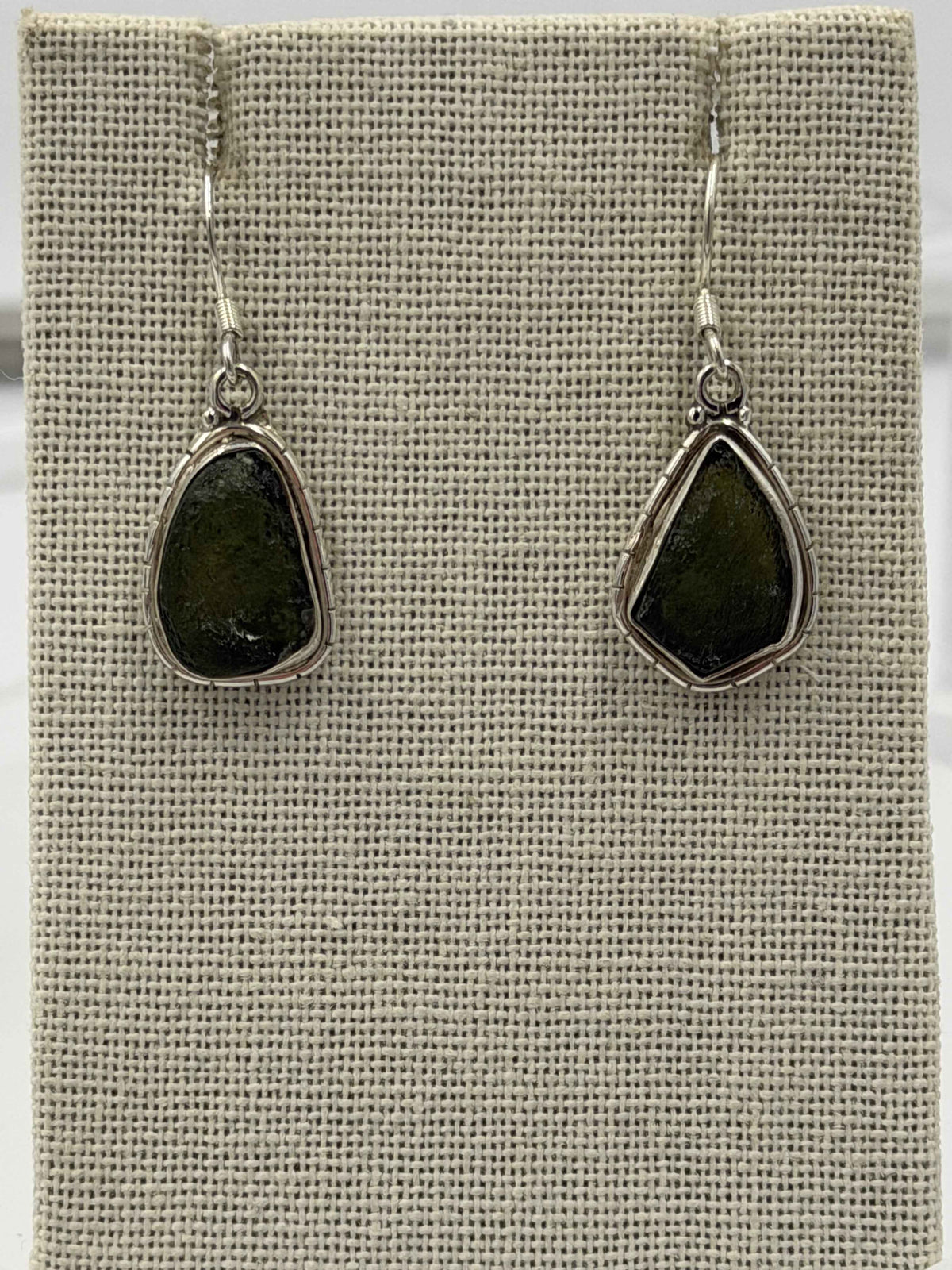 Sterling Silver Lined Bezeled Moldavite Dangle Earrings by Sacred Crystals