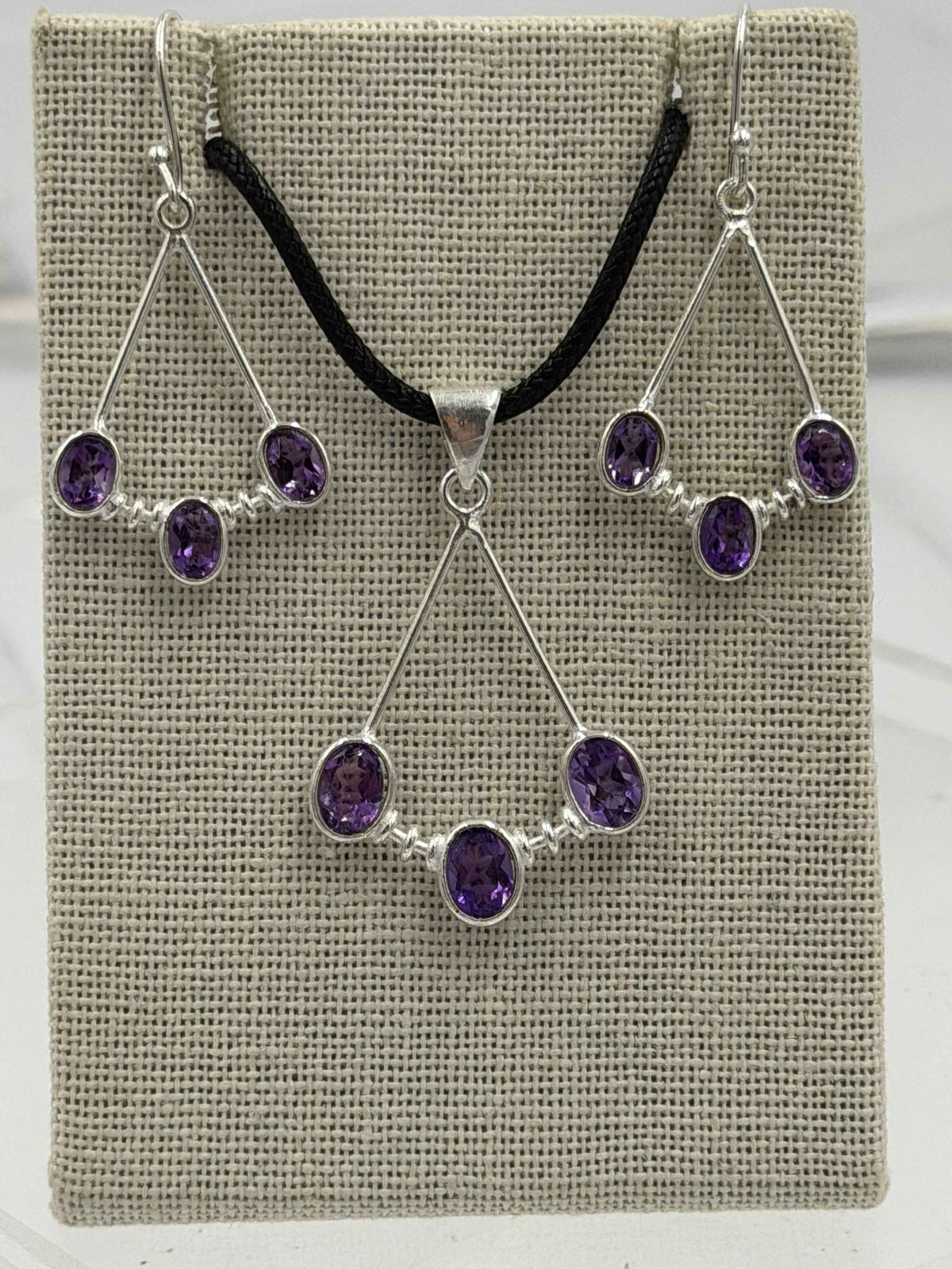 Sterling Silver Open Triple Amethyst Dangle Earrings & Pendant Set by Sacred Crystals