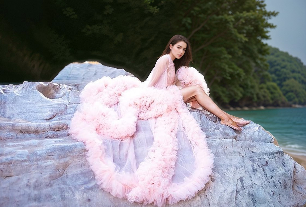 Tulle Ruffled Sleeves Fringe Multi-Color Custom Robe Dress for Theme Photo Shoot by SelenaHuanStudio