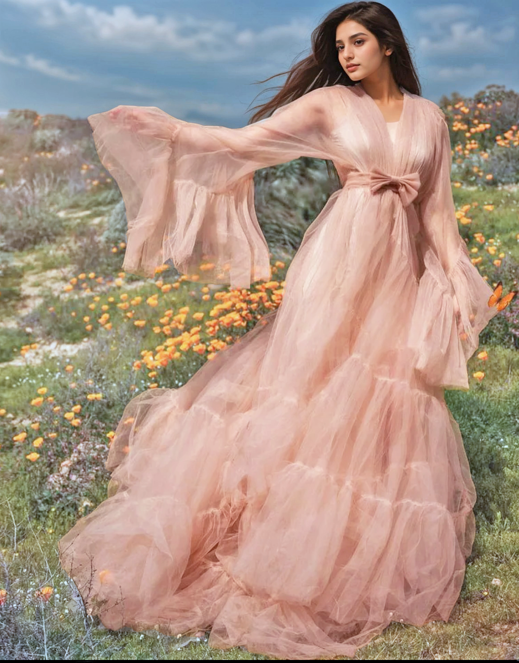 Tulle Ruffled Sleeves Layered Fringe Long Robe Dress by SelenaHuanStudio