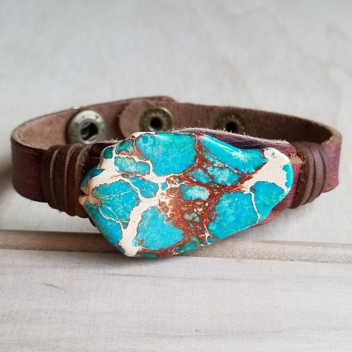 Narrow Leather Cuff with Regalite Slab 005x by The Jewelry Junkie