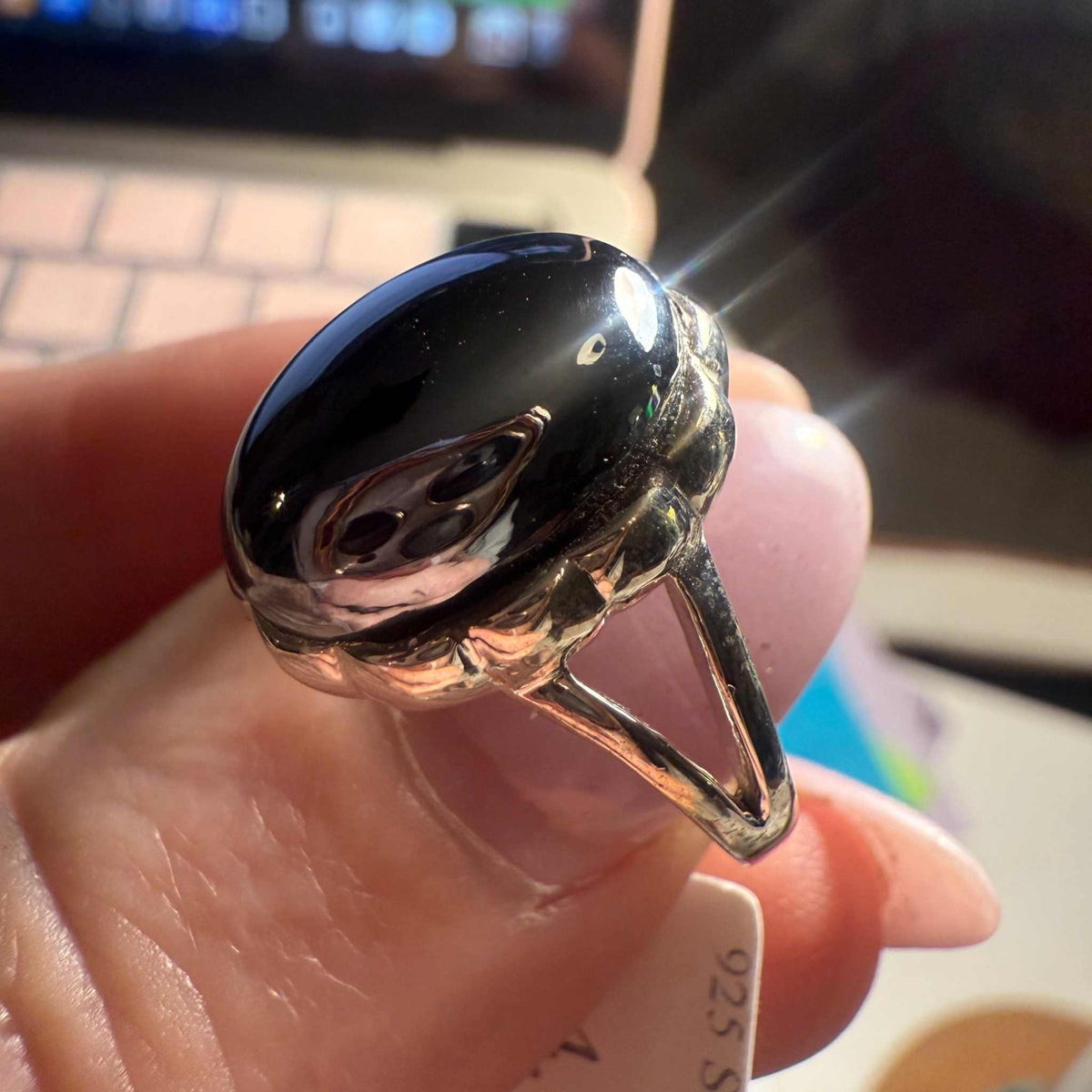 Sterling Silver Sleek Oval Terahertz Split-Shoulder Ring by Sacred Crystals