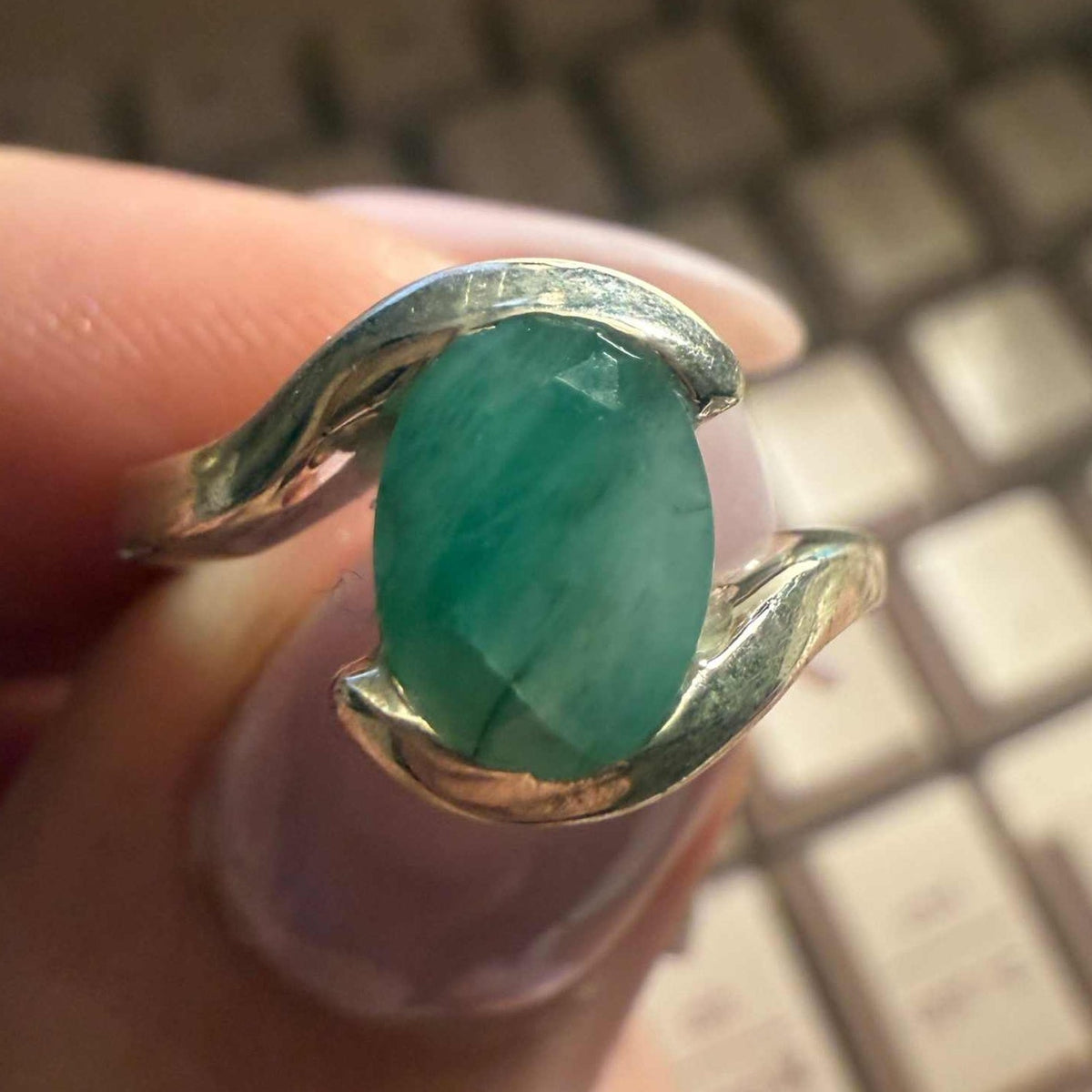Emerald Ring Size 5 – Natural Oval Emerald in Swirl Sterling Silver by Sacred Crystals