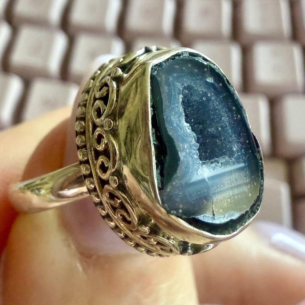 Agate Geode Ornate Bezel Ring – Sterling Silver – Sizes 6–7 by Sacred Crystals