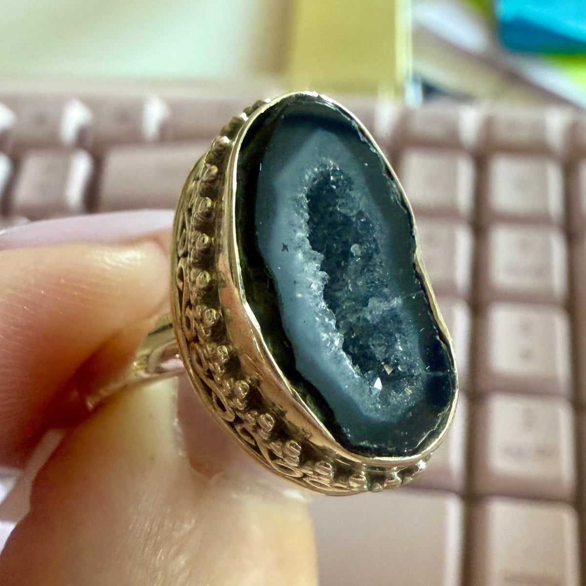 Agate Geode Ornate Bezel Ring – Sterling Silver – Sizes 6–7 by Sacred Crystals