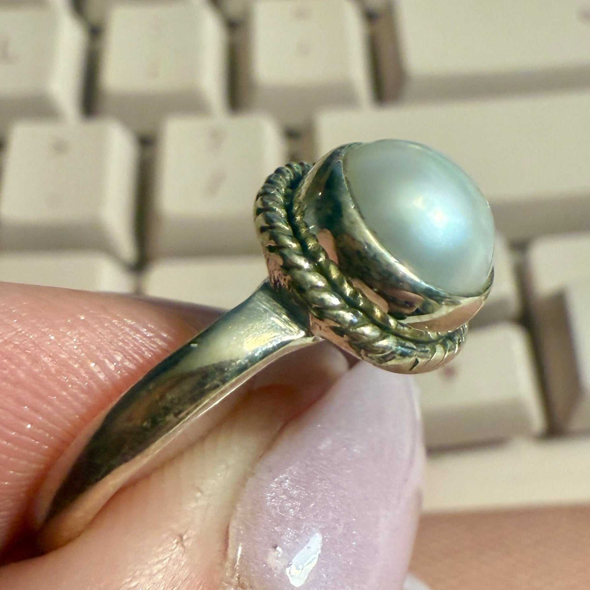 Pearl Rope-Frame Ring – Sterling Silver – Size 8 by Sacred Crystals