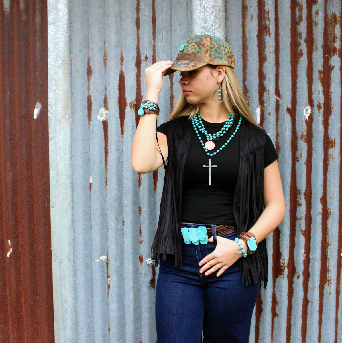 Blue Turquoise Collar-Length Necklace w/ Indian Buffalo Coin 114E by The Jewelry Junkie