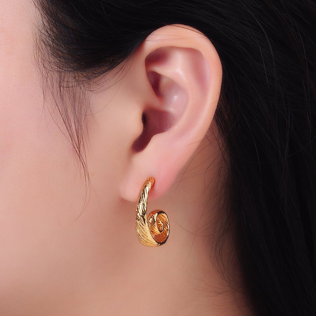 24K Gold Filled 25mm Line-Textured Circular J-Shaped Hoop Earrings | AB1470 by DLUXCA