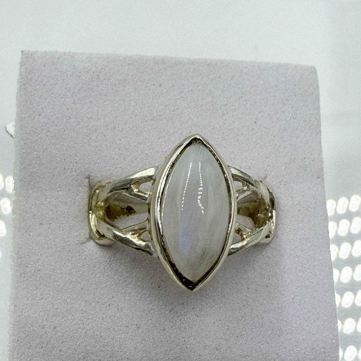 Sterling Silver Rainbow Moonstone Marquise Ring – Size 7 – Intuition, Protection & New Beginnings by Sacred Crystals