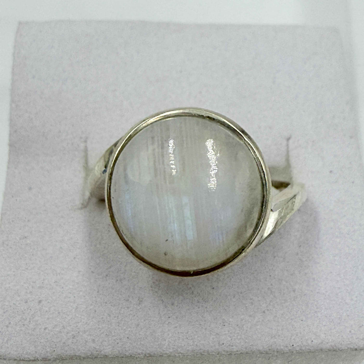Sterling Silver Rainbow Moonstone Round Bezel Ring – Size 7 – Intuition, Calm & New Beginnings by Sacred Crystals