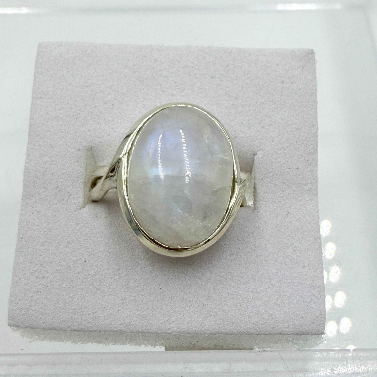 Sterling Silver Rainbow Moonstone Oval Statement Ring – Size 7 – Intuition, Feminine Energy & New Beginnings by Sacred Crystals
