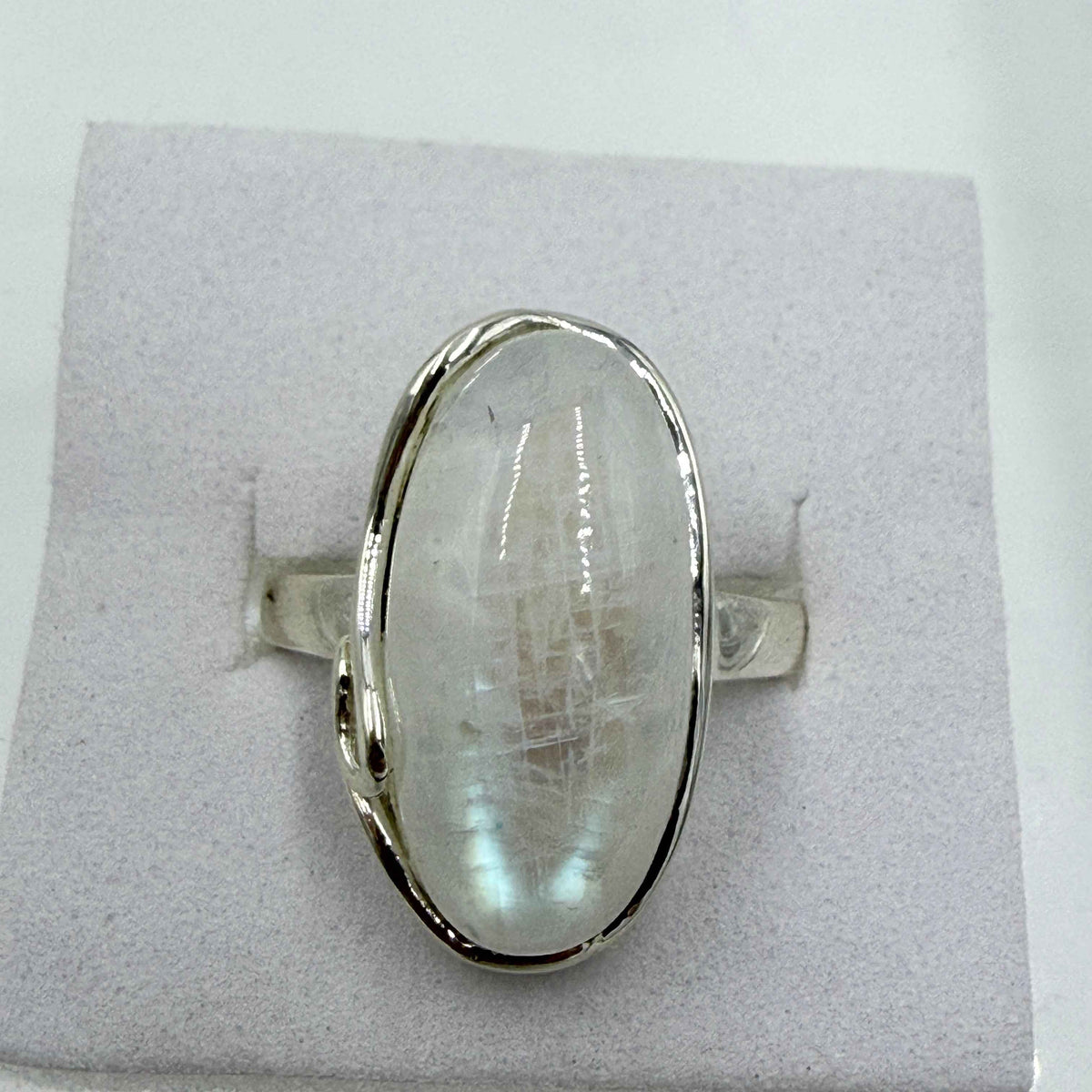Sterling Silver Rainbow Moonstone Horizontal Oval Ring – Size 8 – Intuition, Emotional Balance & New Beginnings by Sacred Crystals