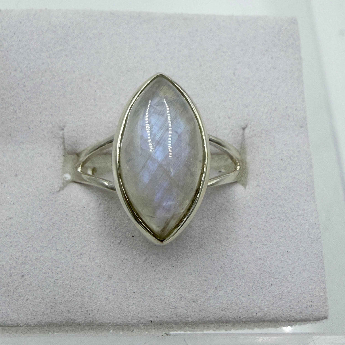 Sterling Silver Rainbow Moonstone Marquise Ring – Size 8 – Intuition, Divine Feminine & New Beginnings by Sacred Crystals