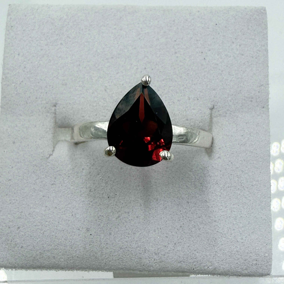 Sterling Silver Pear-Cut Garnet Ring – Size 6 – Passion, Strength & Grounding by Sacred Crystals