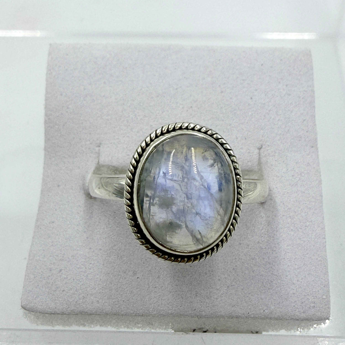 Sterling Silver Rainbow Moonstone Rope Bezel Ring – Size 10 – Intuition, Inner Harmony & New Beginnings by Sacred Crystals
