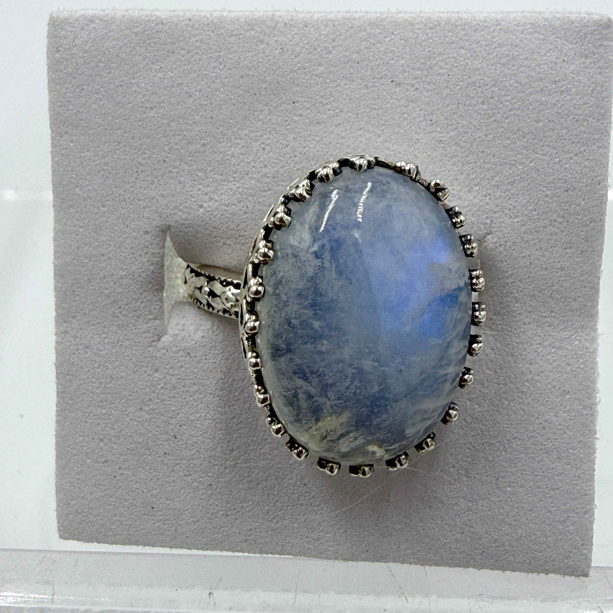 Sterling Silver Rainbow Moonstone Oval Beaded Ring – Size 6 – Intuition, Emotional Balance & New Beginnings by Sacred Crystals
