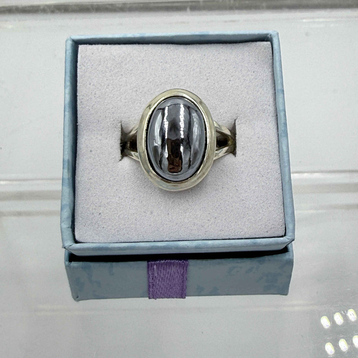 Sterling Silver Split Banded Oval Terahertz Ring - Size 7 - Healing, Energizing & Cleansing by Sacred Crystals