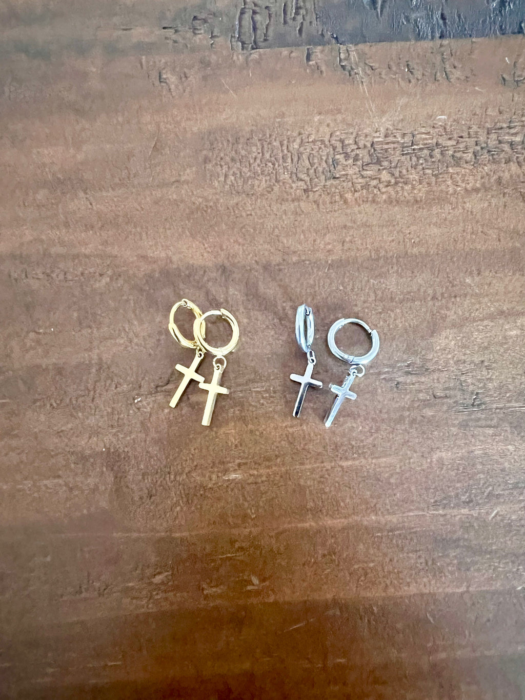 cross huggie earrings by bubs & sass