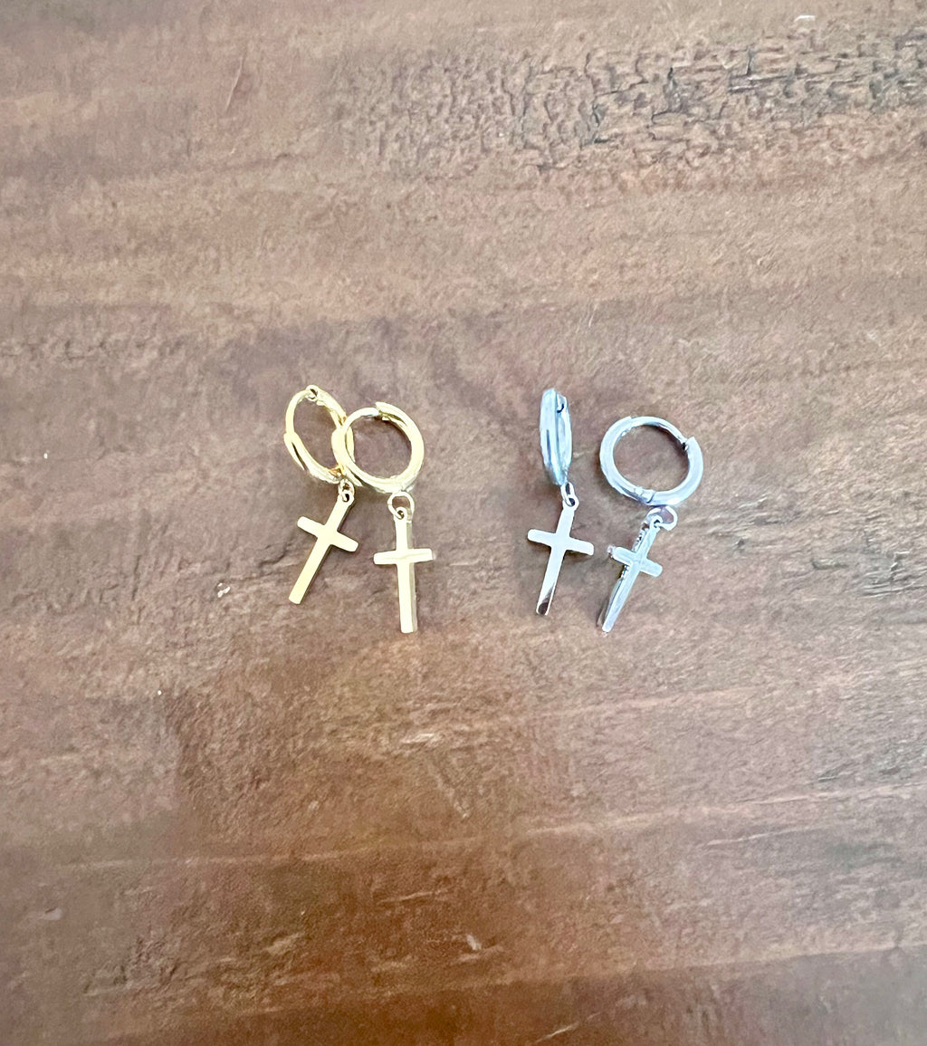 cross huggie earrings by bubs & sass