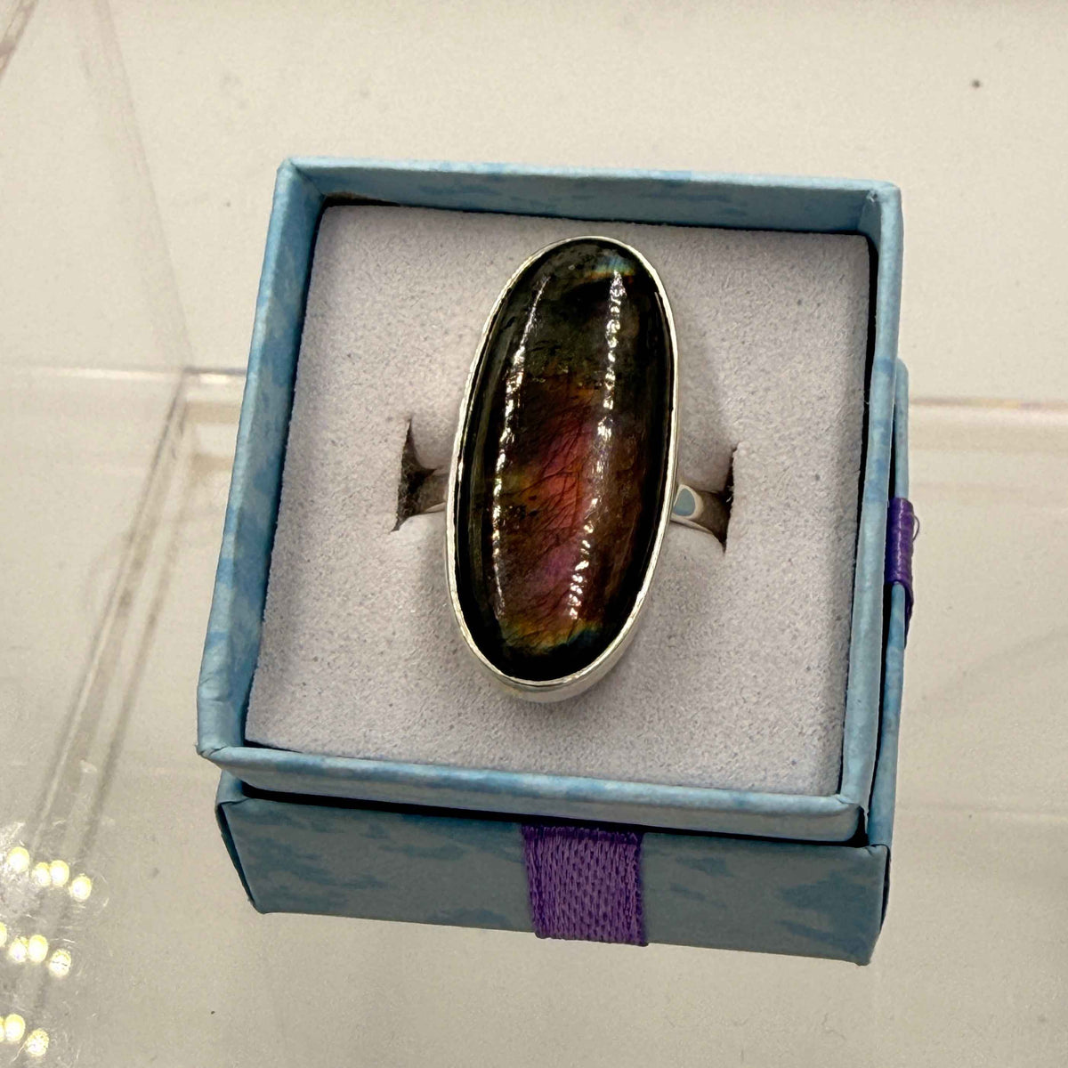 Sterling Silver Oval Spectrolite Ring - Size 10 -Intuition, Protection & Illumination by Sacred Crystals