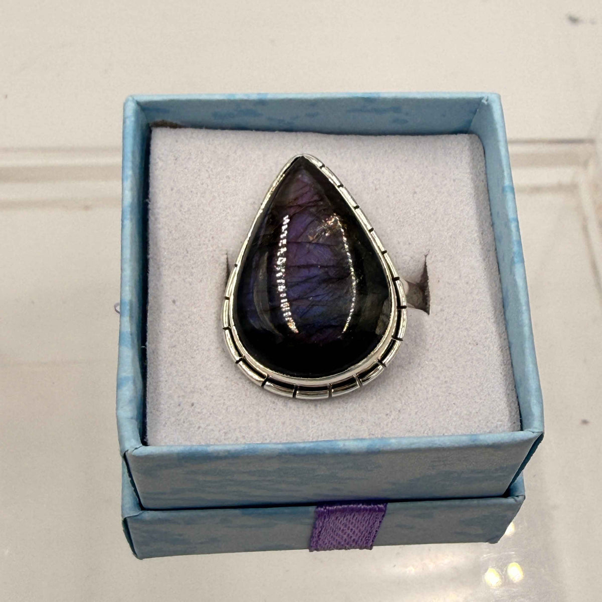 Sterling Silver Lined Teardrop Spectrolite Ring - Size 10 -Intuition, Protection & Illumination by Sacred Crystals