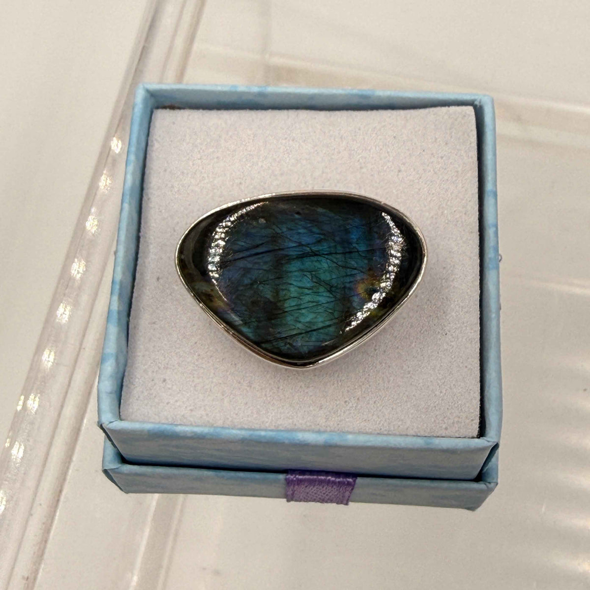 Sterling Silver Triangular Spectrolite Ring - Size 10 -Intuition, Protection & Illumination by Sacred Crystals