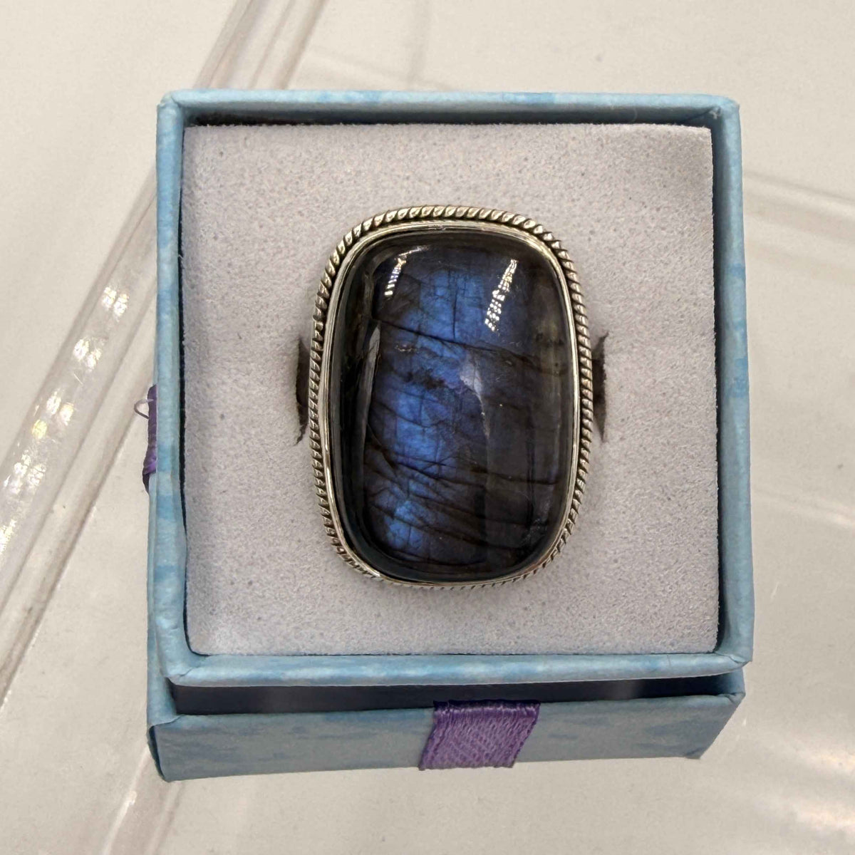 Sterling Silver Bezeled Rectanglular Spectrolite Ring - Size 10 -Intuition, Protection & Illumination by Sacred Crystals