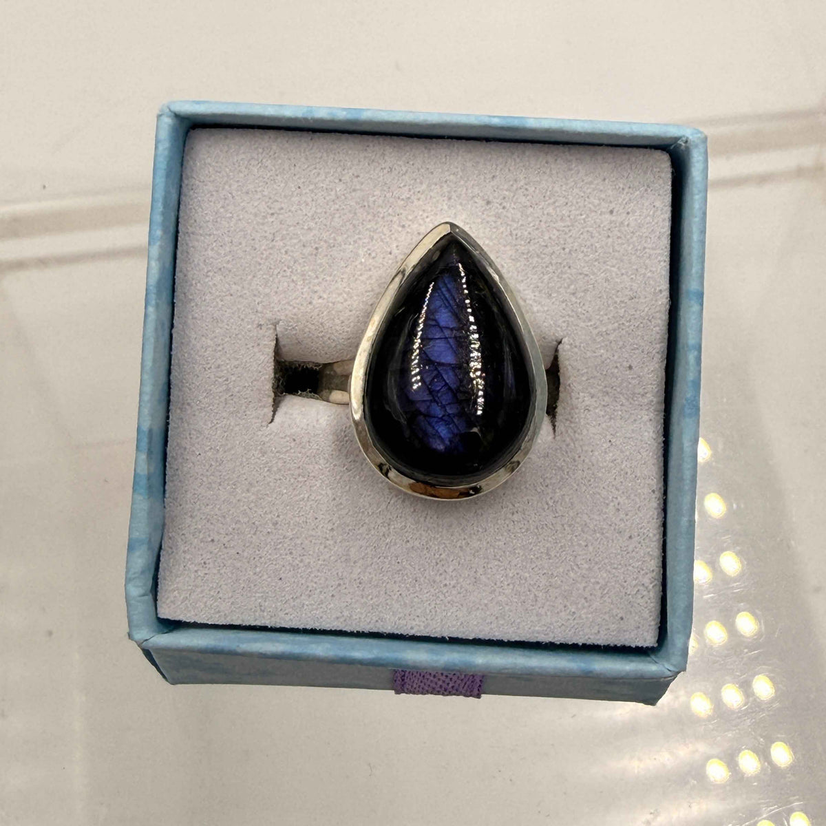 Sterling Silver Teardrop Spectrolite Ring - Size 6 -Intuition, Protection & Illumination by Sacred Crystals